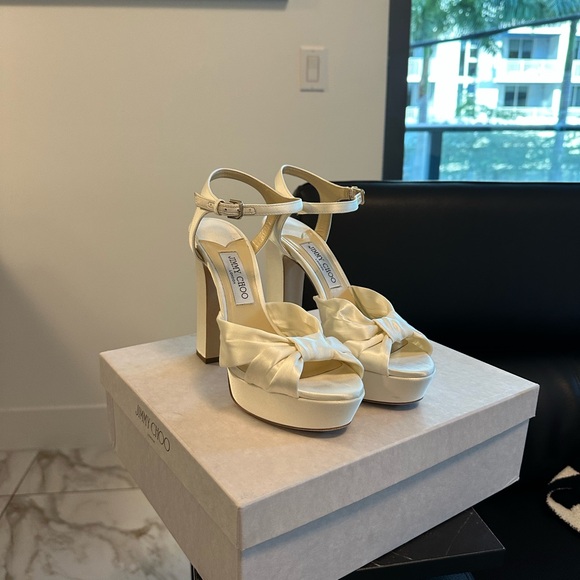 Jimmy Choo Heloise White Satin Platform Heels 120 MM - Picture 2 of 11